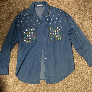 Embellished Blue Denim Shirt with Pearl Accents
